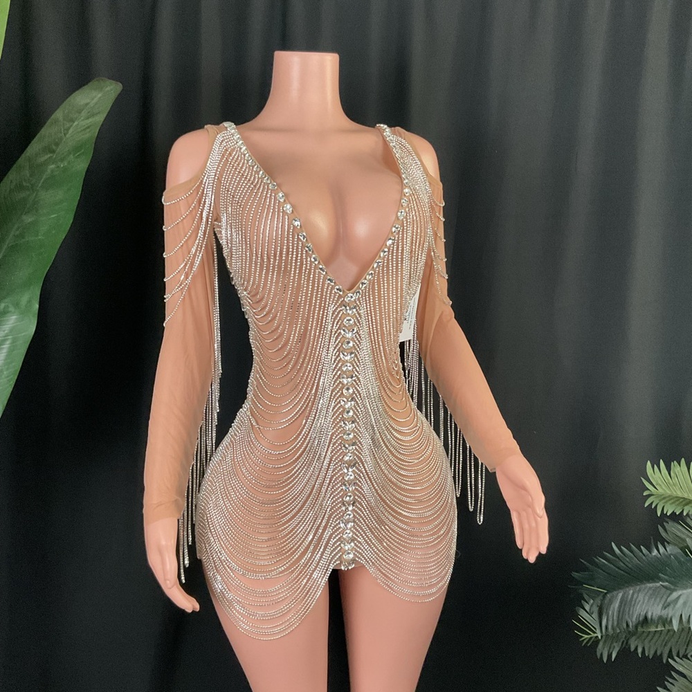 Long-Sleeve Rhinestone Embellished Chain Mini Dress with Tassel Details